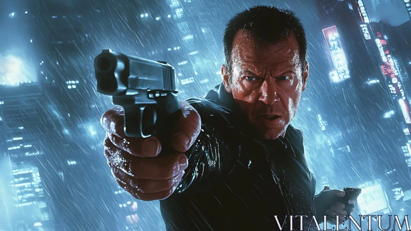 Intense rain soaked hero holds steady aim in neon city