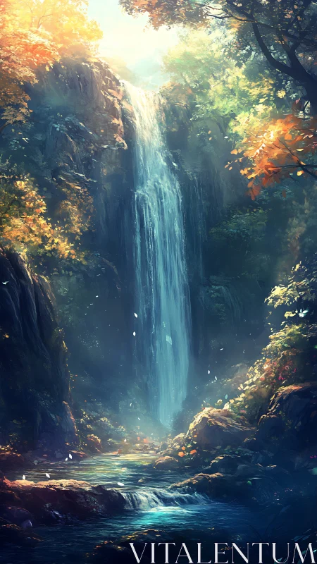 Sunlit forest waterfall and quiet hidden river pool.