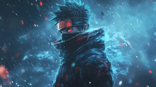 Masked ninja warrior stands in glowing storm of blue energy.