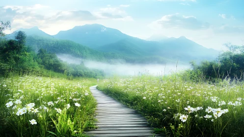 Elevated timber boardwalk through misted alpine wildflower meadow.