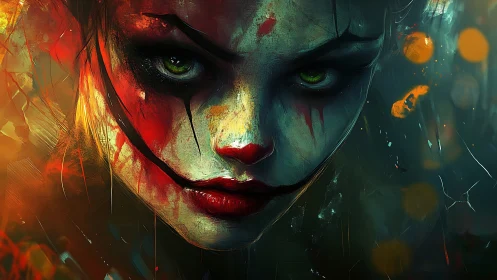 Intense clown-faced portrait uses saturated bokeh and dynamic brushwork