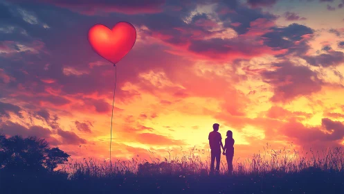 Couple Beneath Red Heart Balloon at Sunset