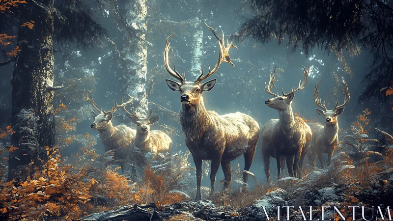 Stag herd standing alert in misty autumn forest scene.