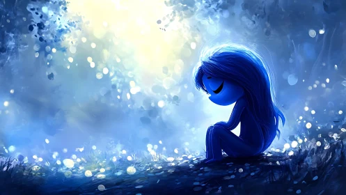 Blue character sits alone in a luminously backlit forest