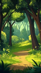 Enchanted Forest Path: Digital Landscape with Luminous Canopy.