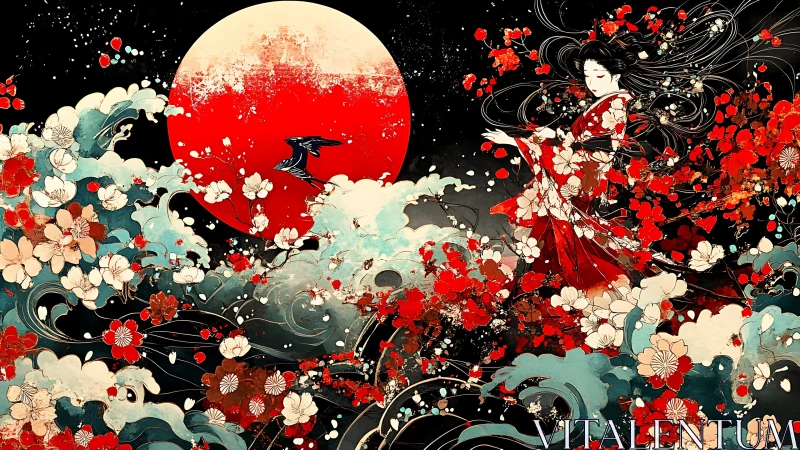 Digital painting of kimono maiden amid waves and crimson moon.