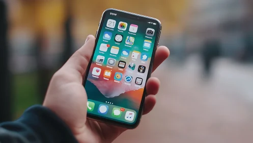 iPhone Hand-Held Display: iOS Home Screen with App Icons and Notch Design