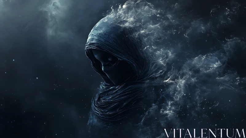 Shrouded spectral figure dissolves into swirling cosmic mist