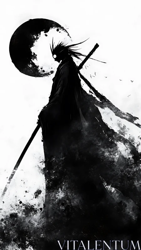 Ink reaper silhouette under fractured black moon.