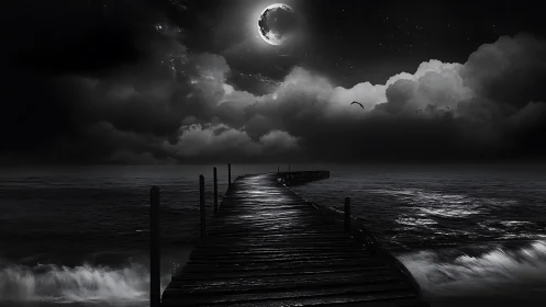 Moonlit pier unraveling into storm-soaked midnight horizons.