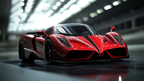 Photorealistic red hypercar in low-angle studio tunnel shot.