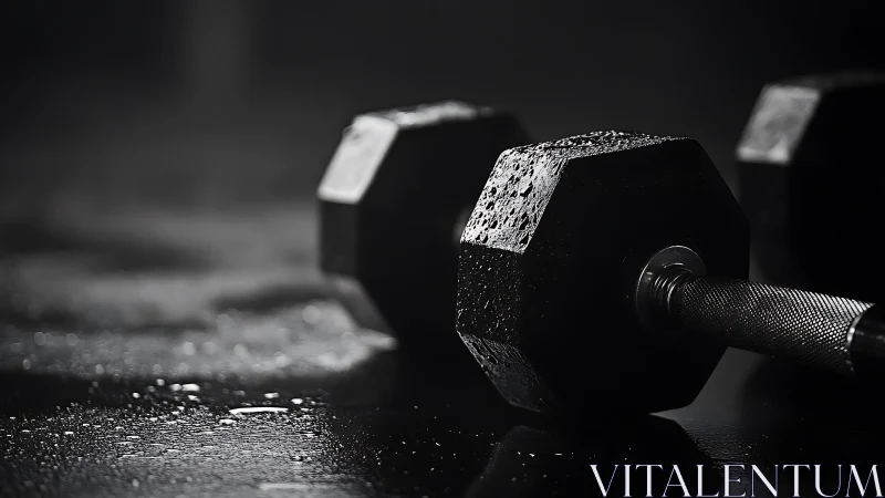 High-contrast macro study of wet hex dumbbell on dark floor