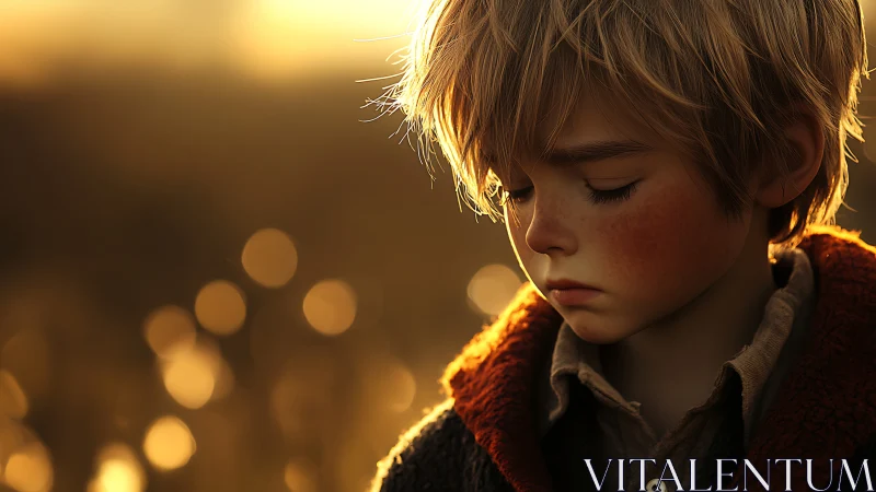 Soft golden dusk around a thoughtful freckled child.