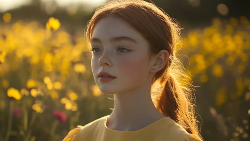 Red haired girl in yellow dress in sunlit flower field.