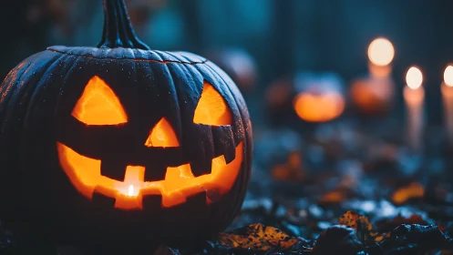 Glowing jack o lantern outdoors on a dark Halloween night.