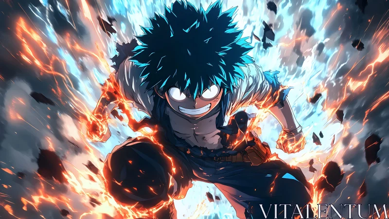 High-energy anime hero in explosive blue-orange motion blur burst