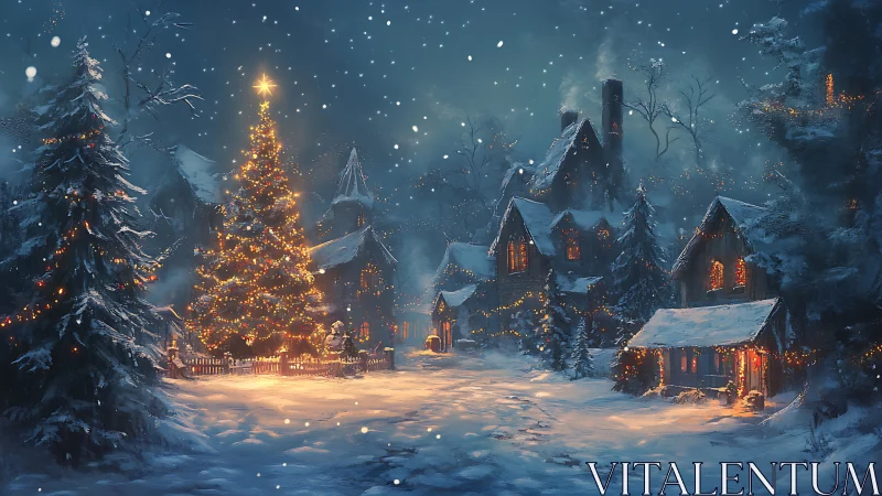 Snow covered village square with illuminated Christmas tree.