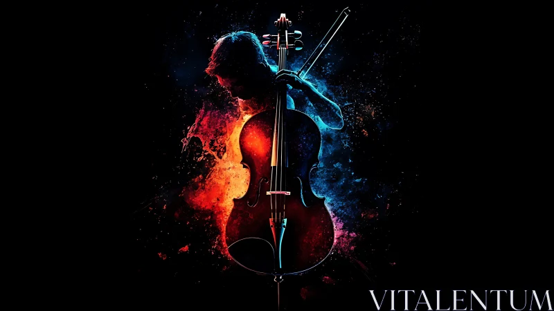 Cellist silhouette framed by red and blue abstract light.
