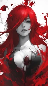 Red haired woman emerges from abstract red fluid shapes