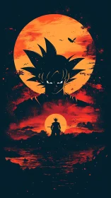 Silhouetted warrior under blazing twin suns in red sky.