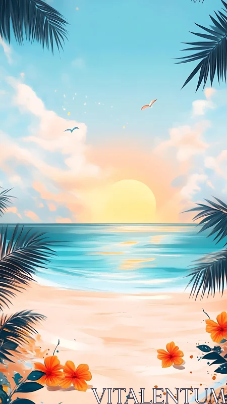 Sunset over tropical shoreline with flowers and palm fronds.