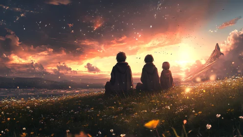 Sunset sky braids quiet dreams around three small watchers