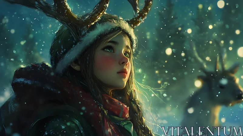 Winter forest girl with antlers under falling snow.