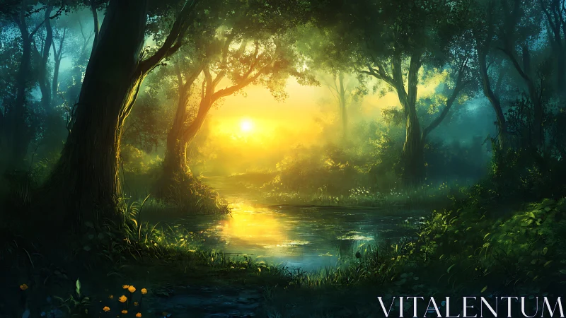 Luminous Forest Portal: Where Golden Light Whispers Through Ancient Trees.