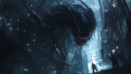 Colossal shadow beast looming over a lone city wanderer.