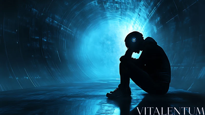 Silhouetted cyborg in neon tunnel dramatizes digital isolation
