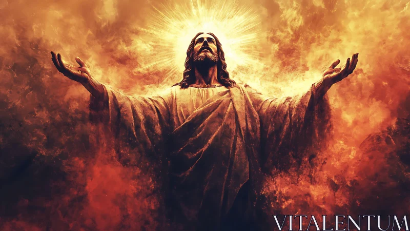 Radiant robed figure rises within blazing celestial light