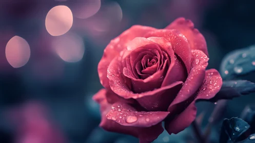 Crimson Rose Weeps: Dewdrop Dreams in Neon Blur.