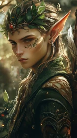 Elf archer in forest armor with leaf crown and quiver present.