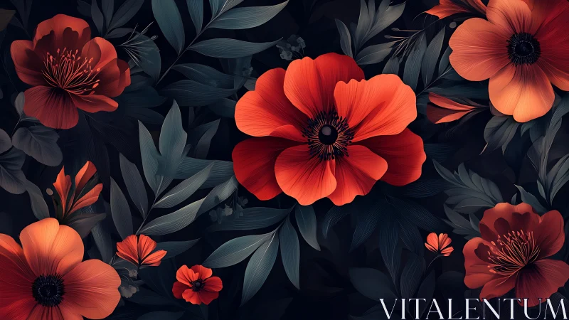 Red Blooms Dance Against Midnight Foliage