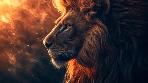 Majestic lion gazes into warm glowing light with calm strength