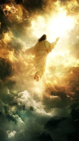 Radiant robed figure ascends through volumetric clouds toward light