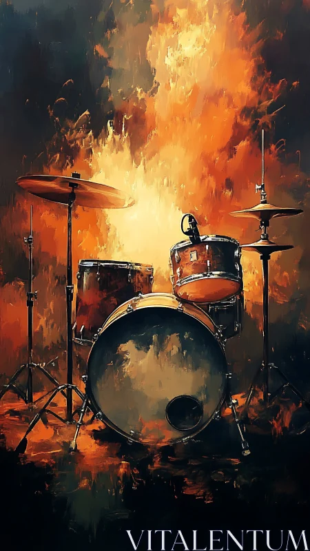 Drum kit silhouetted against dynamic fire-like bokeh with painterly strokes