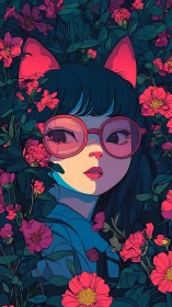 Curious cat-eared girl nestles softly among glowing flowers