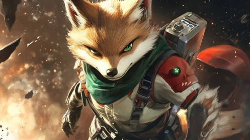 Armored space fox charges through burning asteroid field.