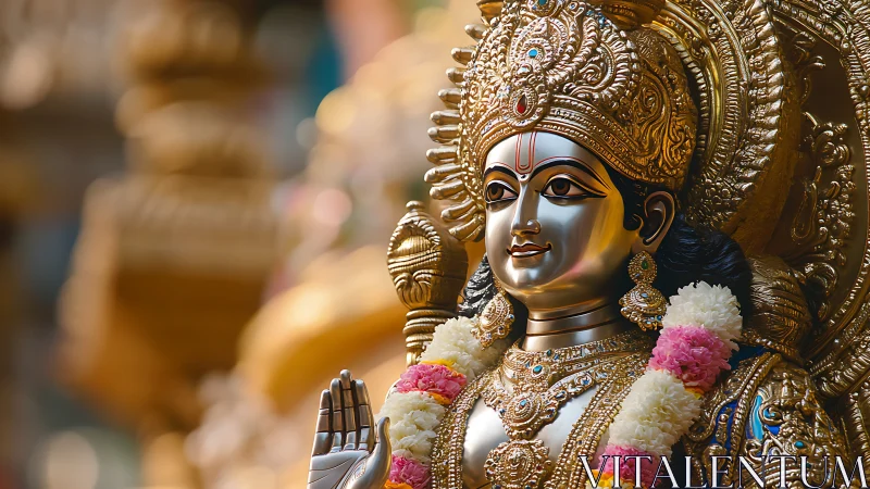 Golden Hindu deity statue adorned with flowers and jewels.