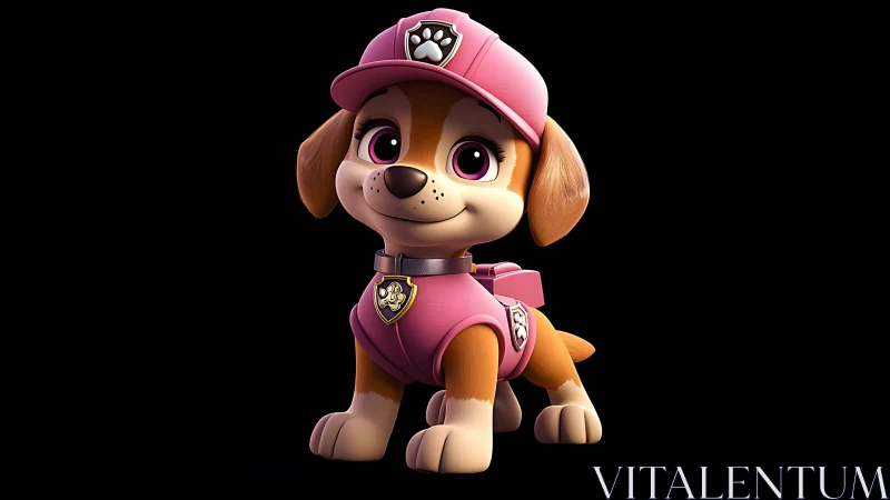 Cute cartoon rescue puppy in pink uniform on black background.
