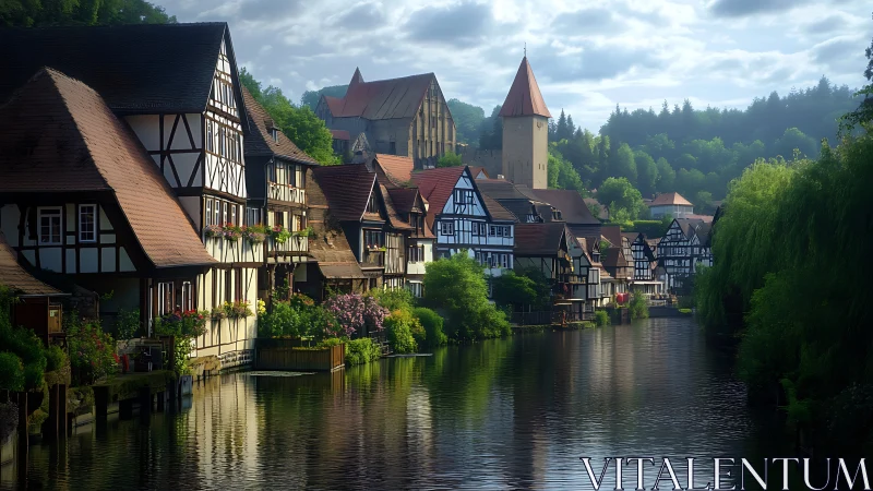 Riverside medieval village glows under soft morning light.