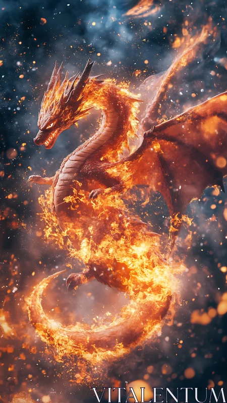 Volumetric fire dragon with embers in dynamic aerial spiral