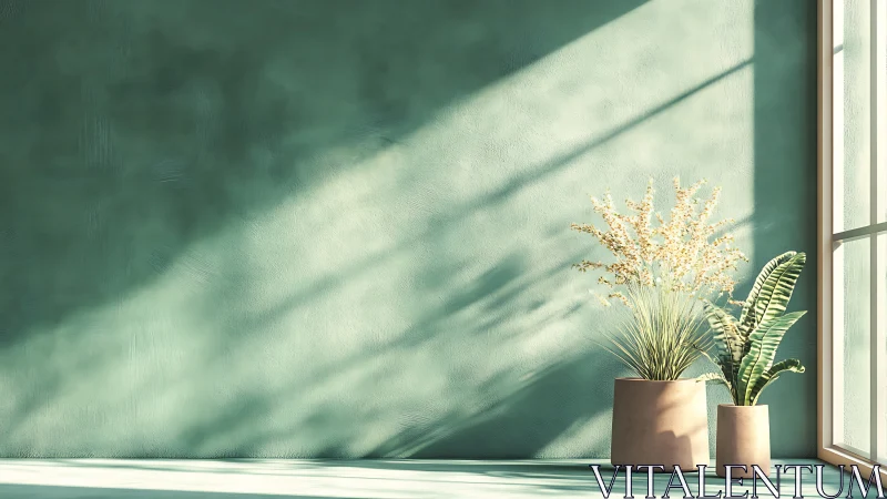 Sunlit potted plants beside pastel green interior wall.