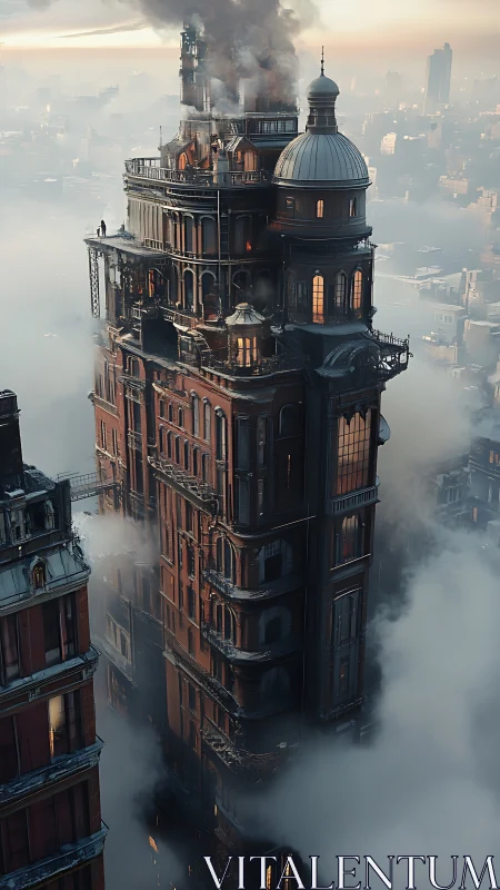 Vertical neo-industrial tower amid stratified urban fog.