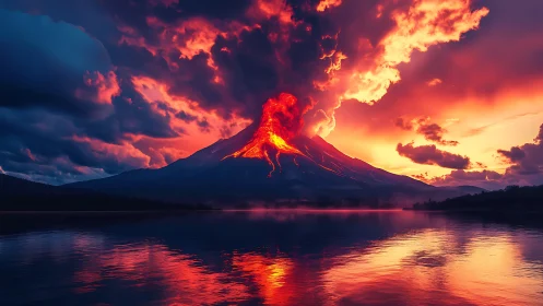 Volcanic eruption over mirrored lake in cinematic twilight glow.