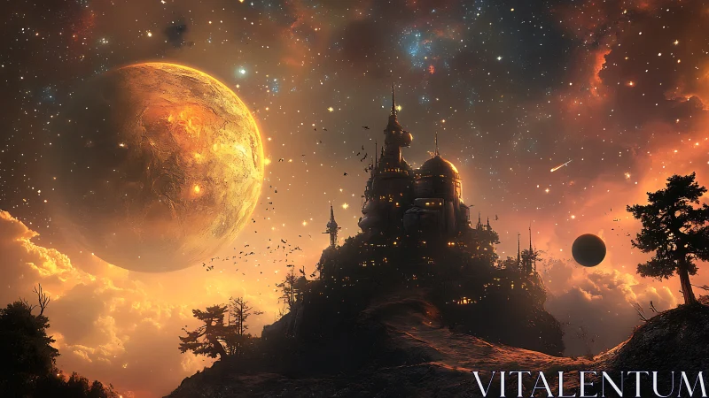 Luminous alien citadel glowing beneath a colossal ember moon.