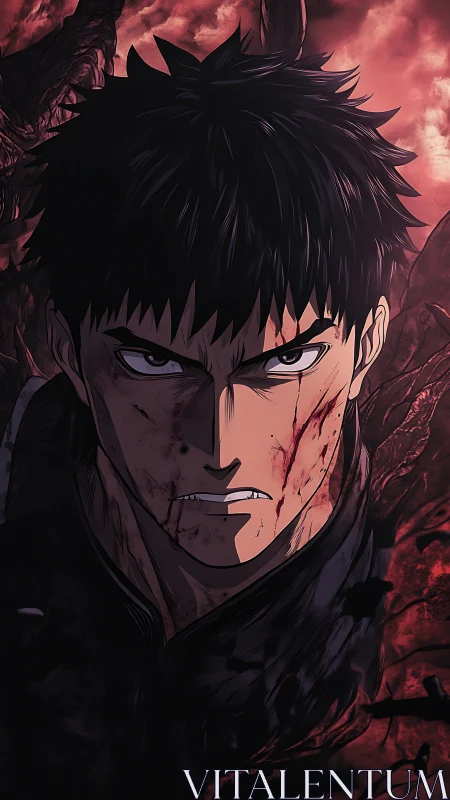 Bloodstained warrior under ominous crimson storm clouds.