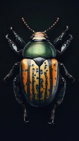 Striped galaxy beetle posing like a jeweled space rover.