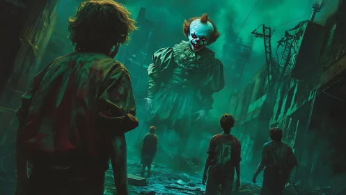 Giant demonic clown confronting four children in ruined alley